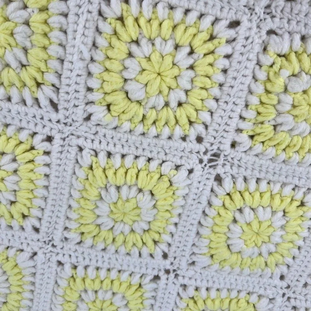 Vintage Handmade Large Afghan Blanket Yellow & White Camp Adirondack rustic 42 x